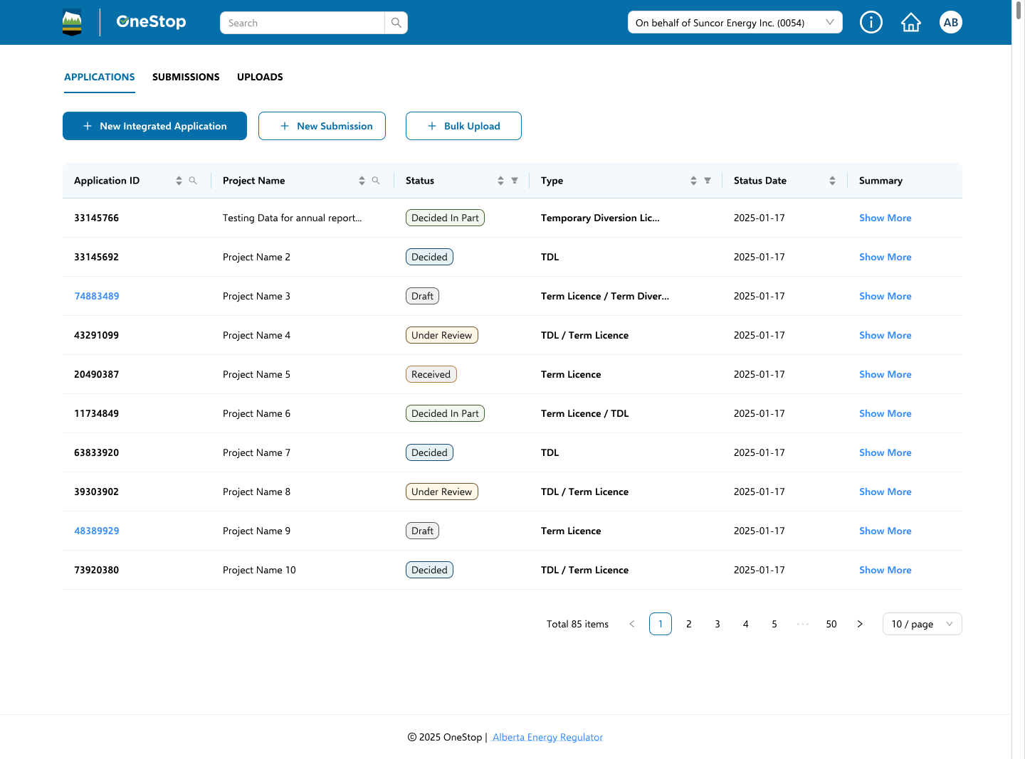 OneStop operator dashboard: applications table with status, type and summary