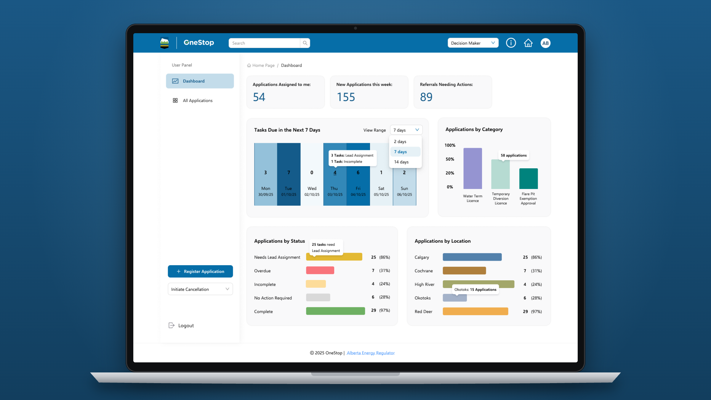 OneStop Decision Maker dashboard on a laptop