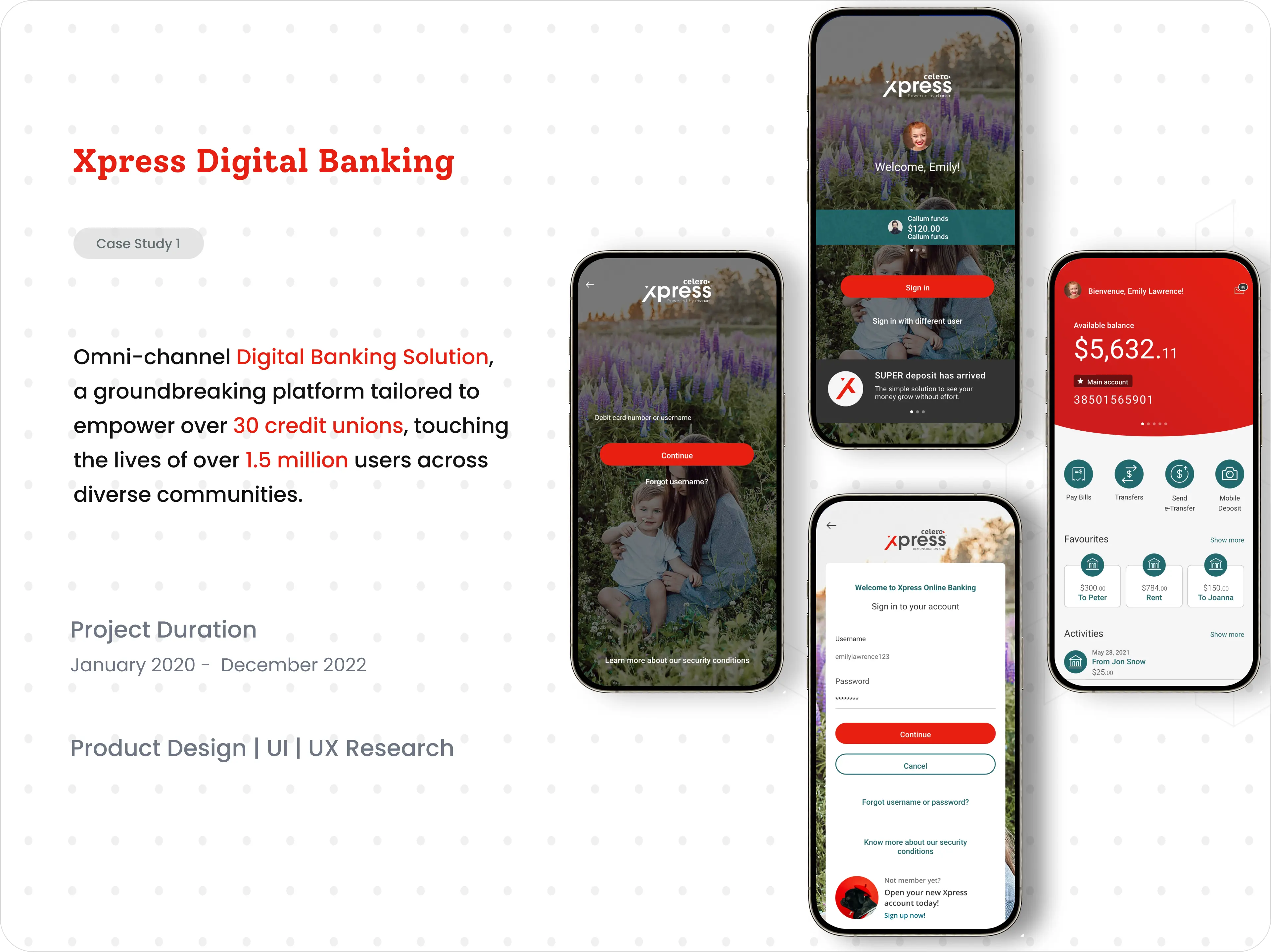 Xpress Digital Banking — sign-in and dashboard screens