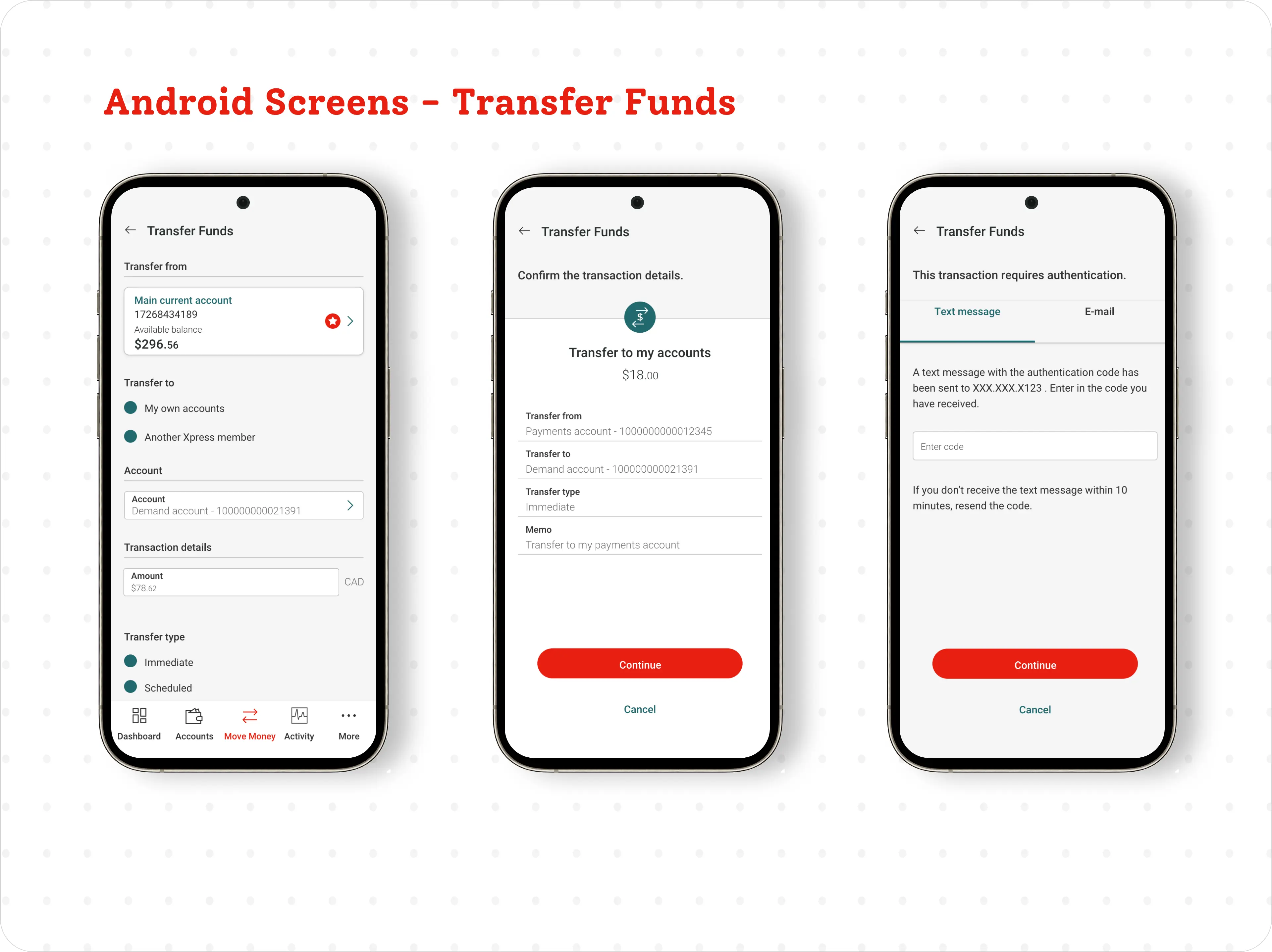 Android transfer funds screens