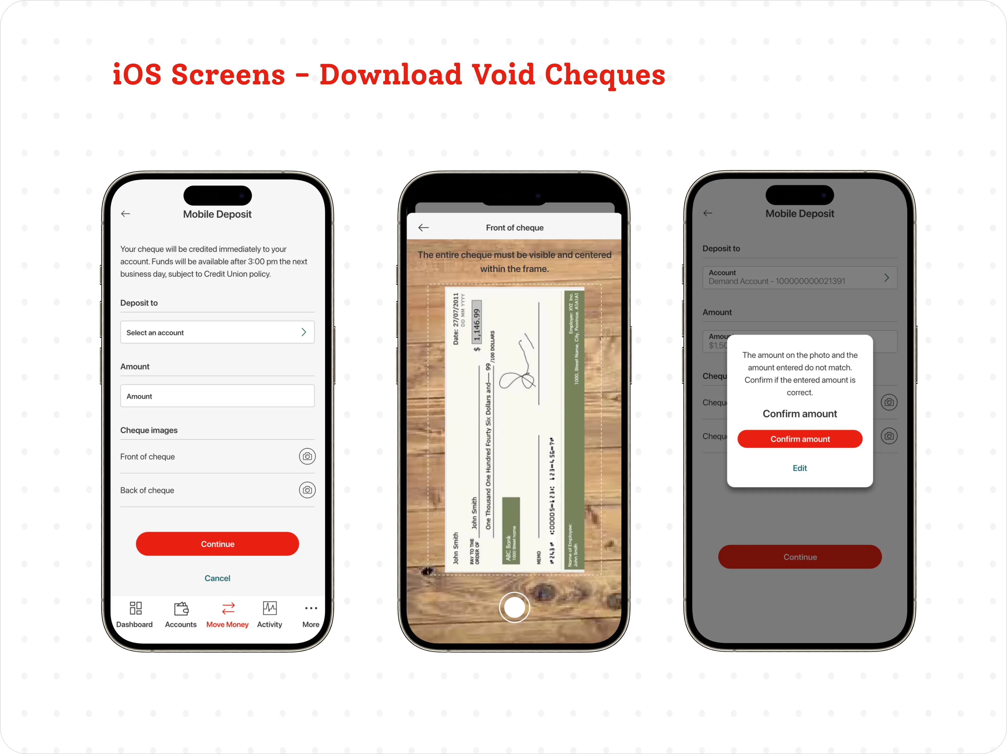 iOS mobile deposit / void cheque screens